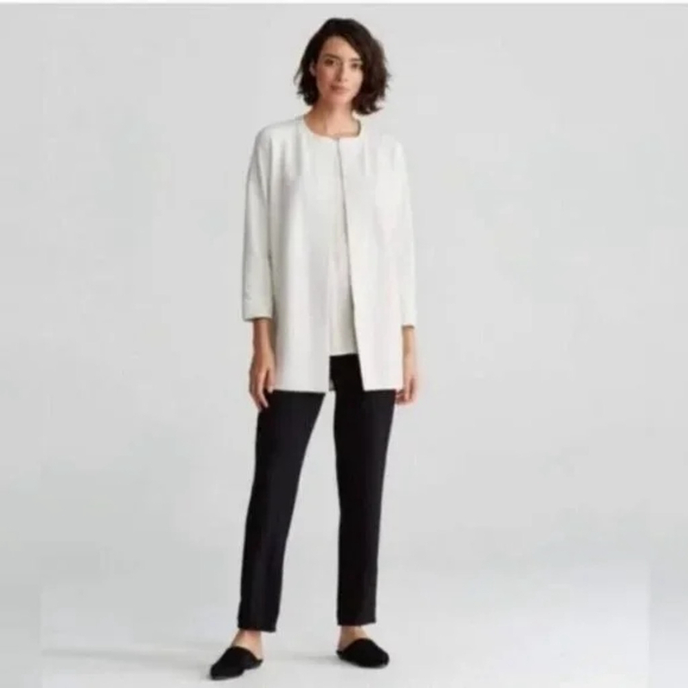 Eileen Fisher White Organic Cotton Grid Stand Up Collar Open Front Jacket